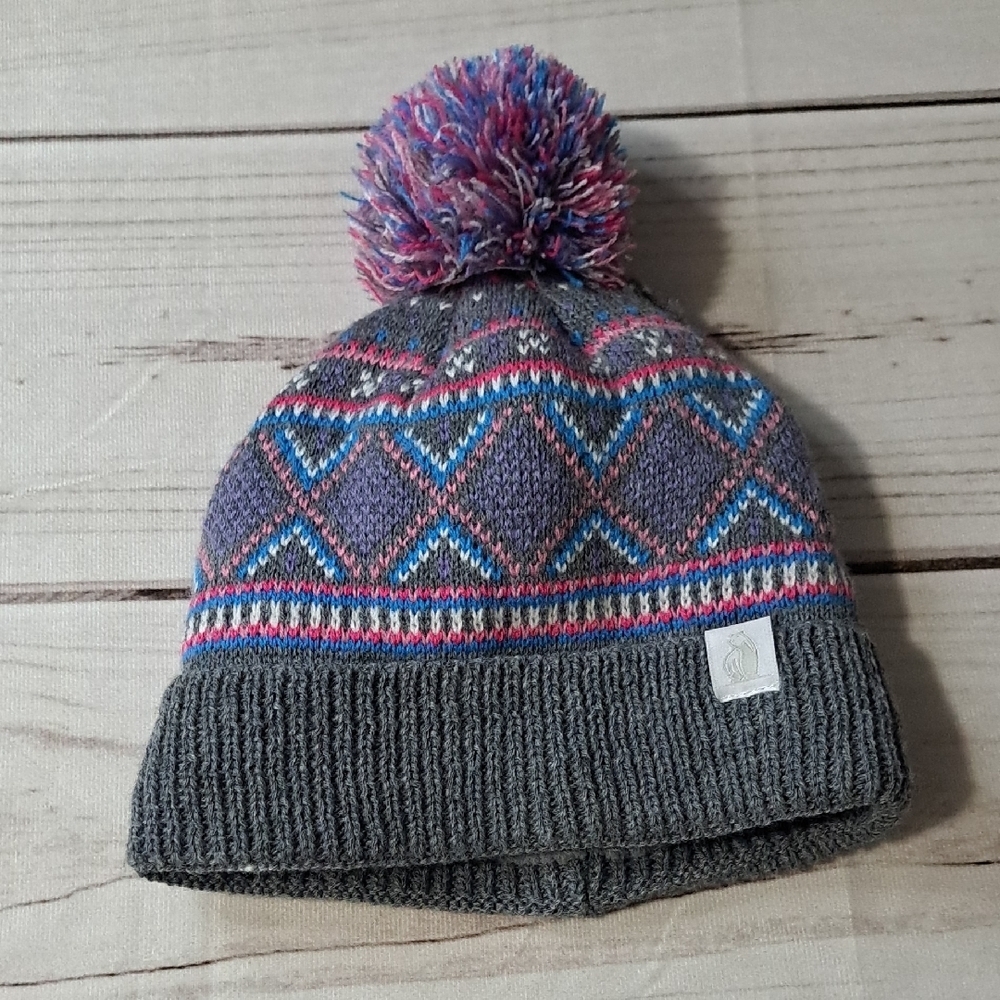 Rugged Bear Gray and Pink Kids Pom-Pom Beanie